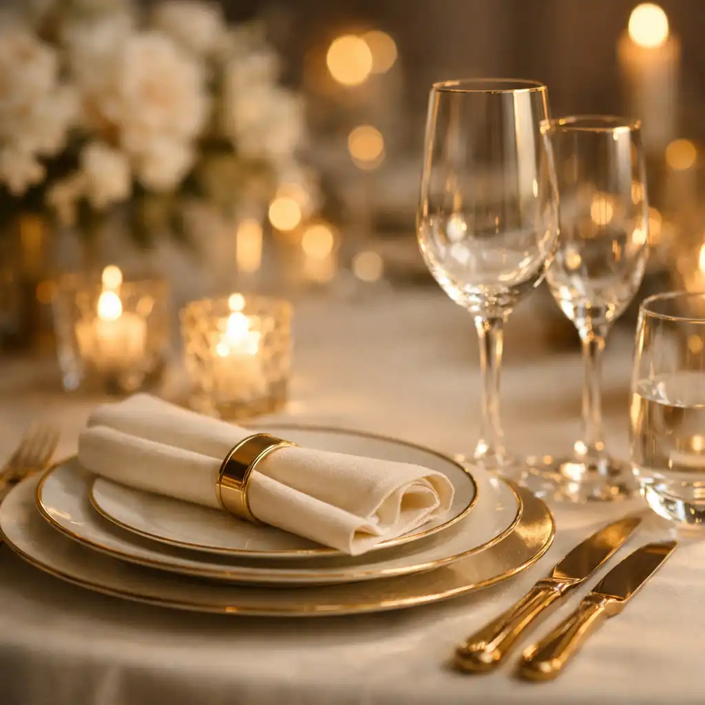 Elegancka dekoracja stołu eventowego z detalami premium