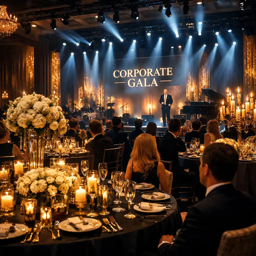 Ekskluzywna gala firmowa z elegancką scenografią i oświetleniem