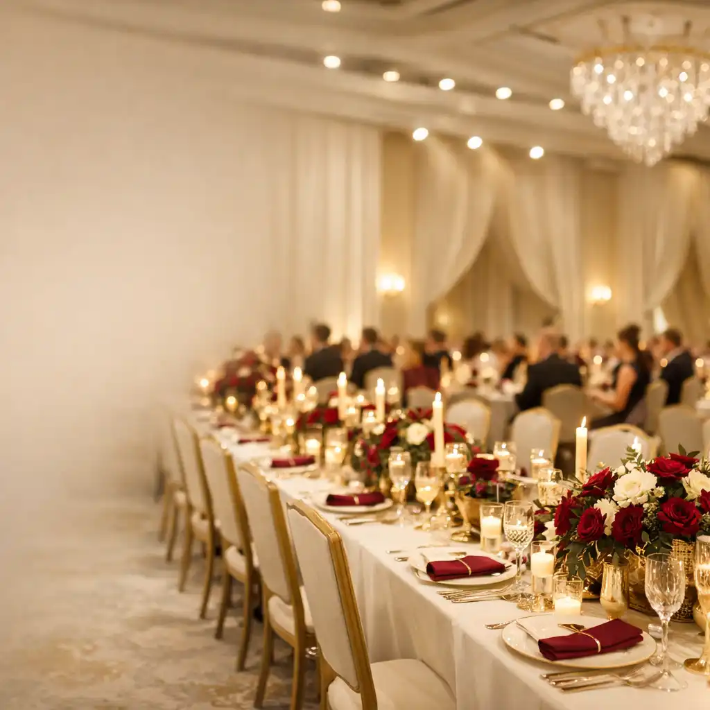 Elegancka gala eventowa z długimi stołami, subtelne złote akcenty i miękkie światło