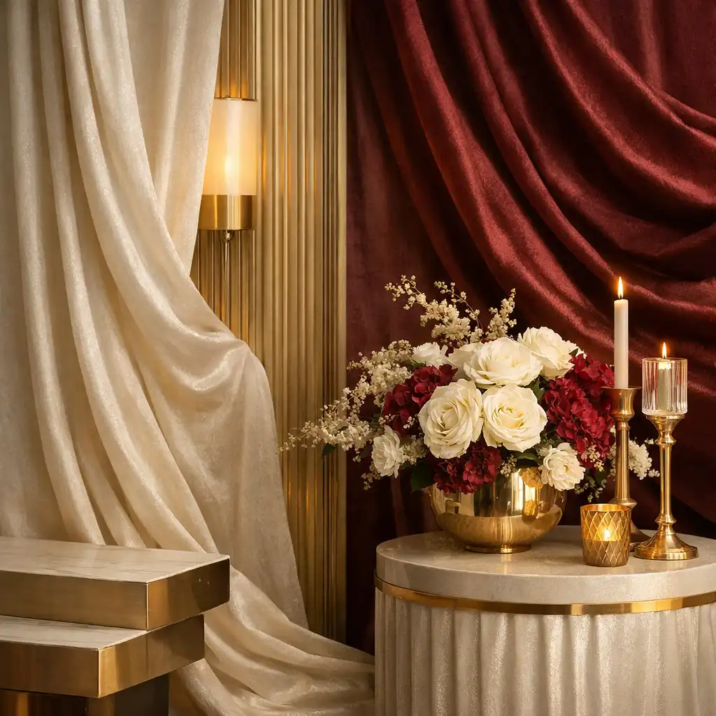 Detal scenografii eventowej premium z eleganckimi materiałami i miękkim światłem